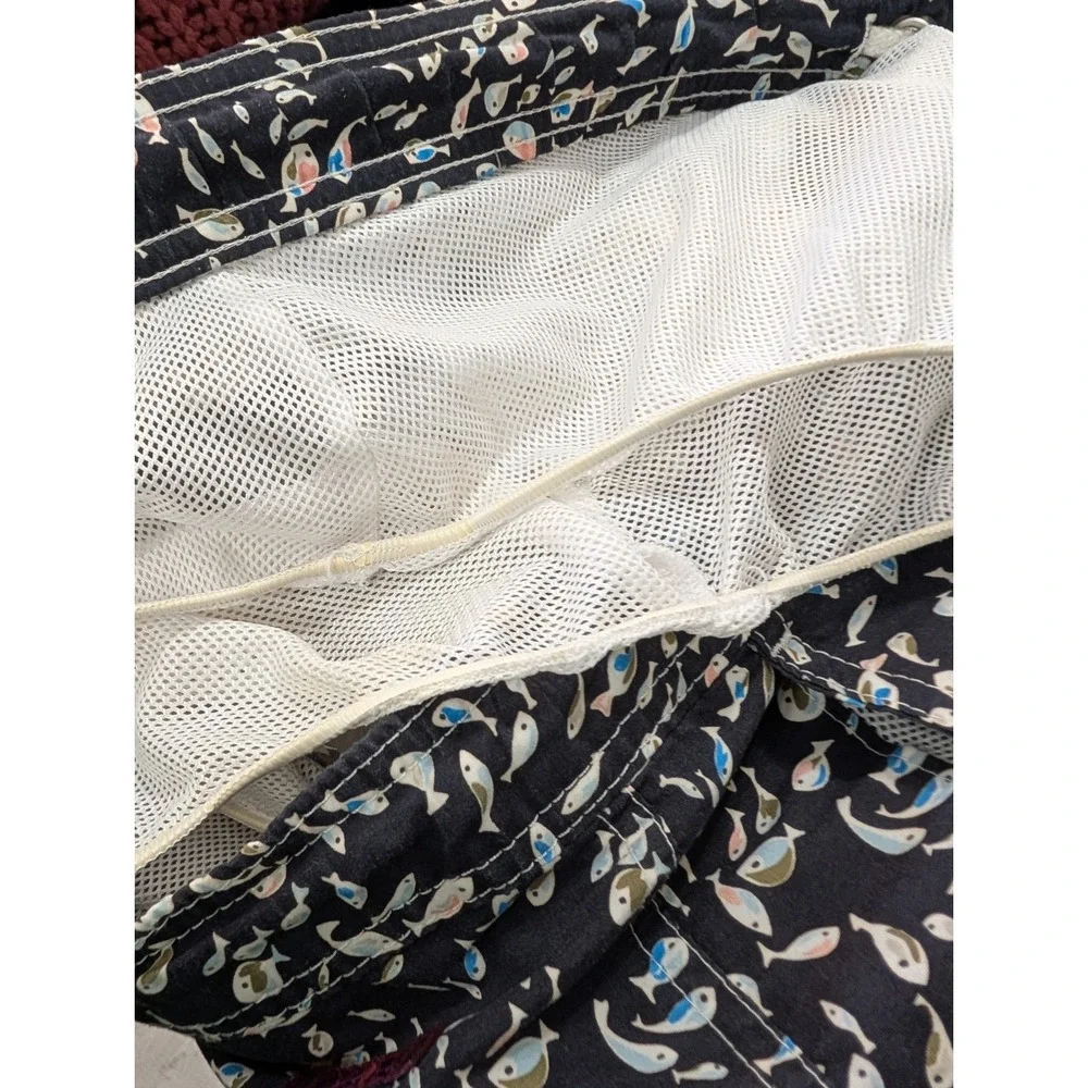 J Crew Swim Trunks Mens Size S Fish‎ Print Navy Blue Liberty Fabric Board Shorts